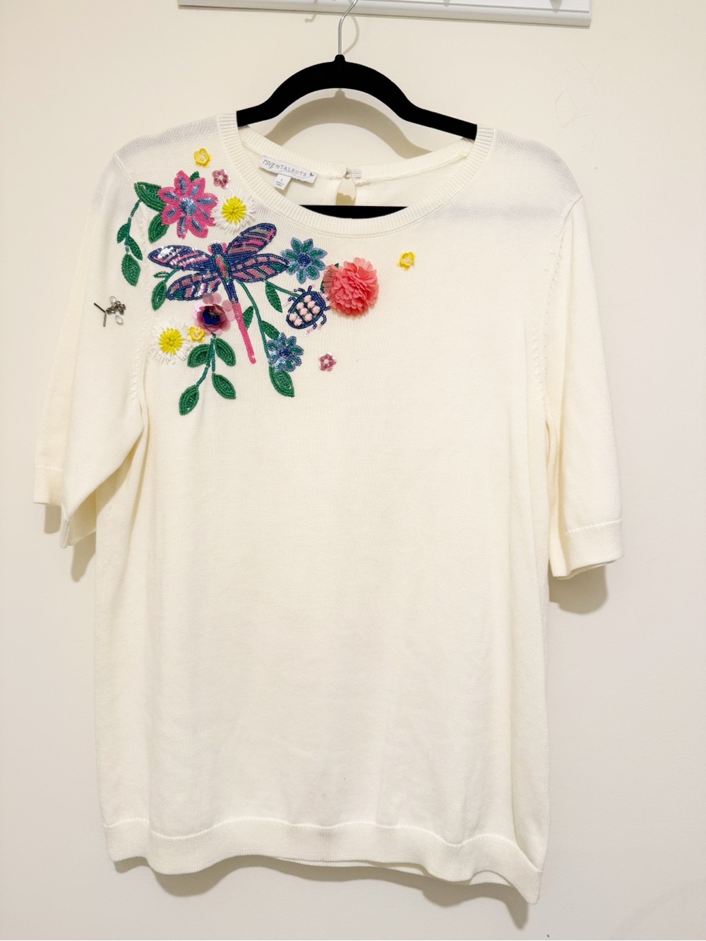 Talbots Cream Short-Sleeve Knit Top with Floral & Dragonfly Embellishment